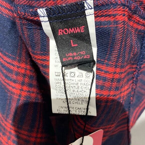 Romwe Women's Red Navy Plaid Long Sleeve Button Up Shirt Size 8/10 NWT - Picture 9 of 11